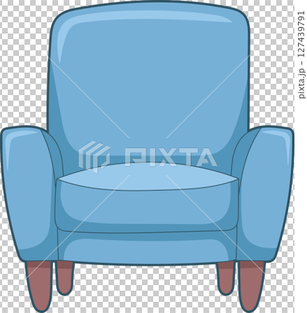 Blue cartoon armchair with short brown legs isolated on a black background. 127439791