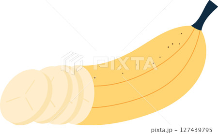 Cartoon illustration of a yellow banana with slices, against a black background. Cartoon illustration of a yellow banana with slices, against a black background. 127439795