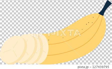Cartoon illustration of a yellow banana with slices, against a black background. 127439795