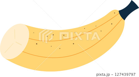 A ripe, curved banana with brown spots and a sliced end displayed plainly. 127439797