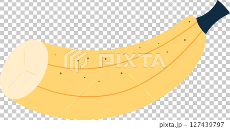 A ripe, curved banana with brown spots and a sliced end displayed plainly. 127439797