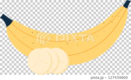Cartoon banana, yellow fruit with spots. Several slices are at the bottom 127439800