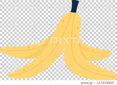 Illustrative cartoon banana peel with dark specks, indicating ripeness. 127439805