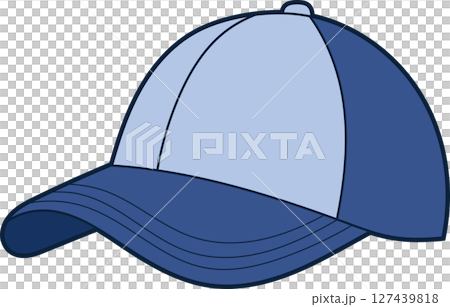 A blue and light blue baseball cap with a curved brim on a black background. A blue and light blue baseball cap with a curved brim on a black background. 127439818