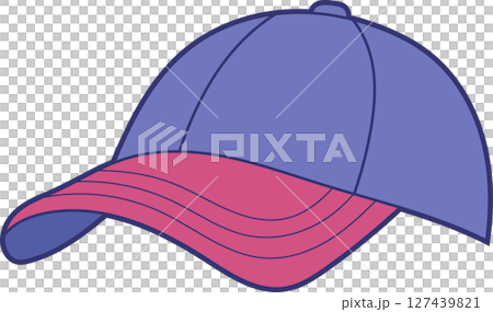Stylized baseball cap with a pink brim and a blue body on a black background. 127439821