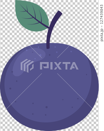 Stylized illustration of a ripe plum with leaf and stem on black background. 127439843