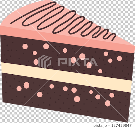 Colorful slice of chocolate cake with pink frosting and chocolate drizzle. 127439847