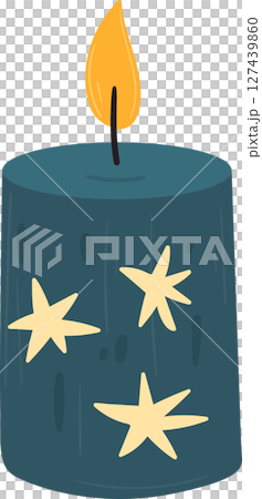 A festive blue candle with bright yellow stars glows in the dark. 127439860