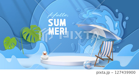 Hello summer 3d scene with white circular podium Hello summer 3d scene with white circular podium 127439900