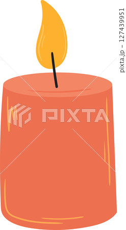 Stylized glowing orange candle with black wick and flickering yellow flame. Stylized glowing orange candle with black wick and flickering yellow flame. 127439951