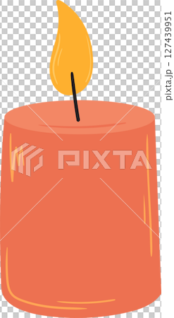Stylized glowing orange candle with black wick and flickering yellow flame. Stylized glowing orange candle with black wick and flickering yellow flame. 127439951