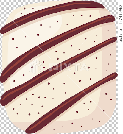 A delicious looking white frosted pastry with brown stripes and tiny sprinkles. 127439962