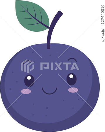 Cute purple plum illustration with smiling face and leaf on a black backdrop 127440010