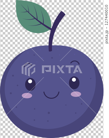 Cute purple plum illustration with smiling face and leaf on a black backdrop 127440010