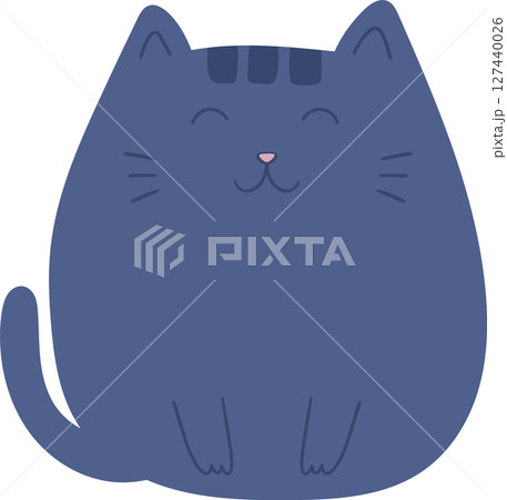 Smiling blue cat with stripes sitting and happy to be wherever it is. 127440026