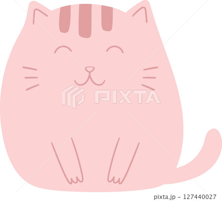 Cute cartoon pink cat with stripes on its head, smiling with eyes closed. 127440027