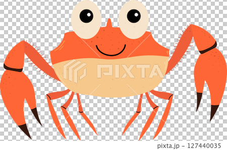 Whimsical crab with a smiling face, large eyes, and prominent pincers on black. Whimsical crab with a smiling face, large eyes, and prominent pincers on black. 127440035