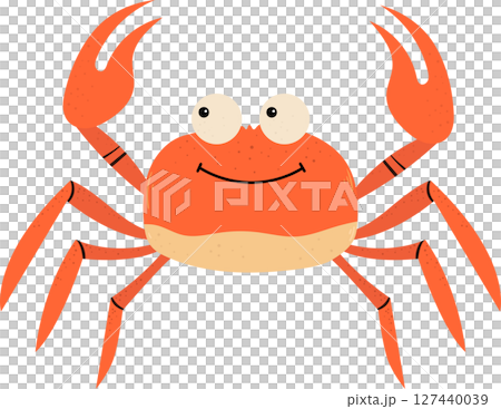 Cartoon crab with smiling face and big claws isolated on a black background. 127440039