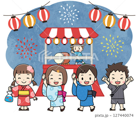 夏祭りで縁日を楽しむ浴衣を着た子供たちのイラスト 夏祭りで縁日を楽しむ浴衣を着た子供たちのイラスト 127440074