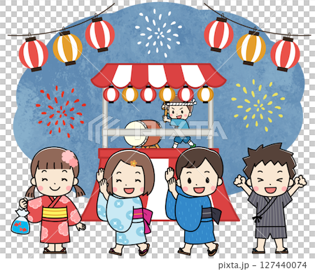 穿著浴衣享受夏日祭典的兒童插圖 穿著浴衣享受夏日祭典的兒童插圖 127440074