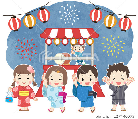 夏祭りで縁日を楽しむ浴衣を着た子供たちのイラスト 夏祭りで縁日を楽しむ浴衣を着た子供たちのイラスト 127440075