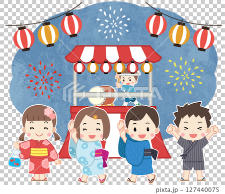 穿著浴衣享受夏日祭典的兒童插圖 穿著浴衣享受夏日祭典的兒童插圖 127440075