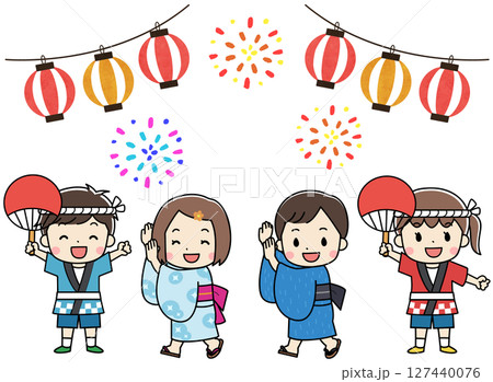 夏祭りを楽しむ浴衣と法被を着た子供たちのイラスト 127440076