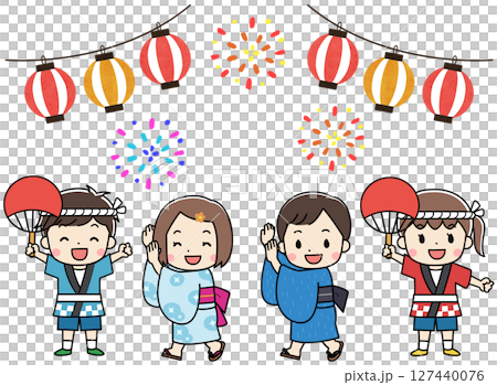 夏祭りを楽しむ浴衣と法被を着た子供たちのイラスト 127440076