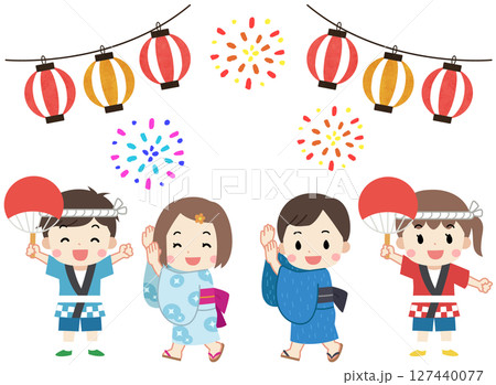夏祭りを楽しむ浴衣と法被を着た子供たちのイラスト 127440077