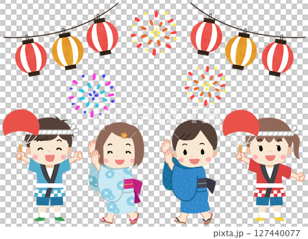 夏祭りを楽しむ浴衣と法被を着た子供たちのイラスト 127440077