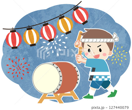 夏祭りで太鼓を叩く子供のイラスト 127440079