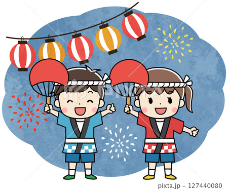 夏祭りを楽しむ法被をきた子供たちのイラスト 127440080