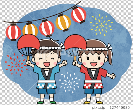 穿著法被的孩子們享受夏日祭典的插圖 127440080