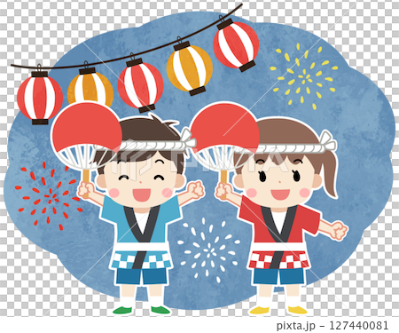 穿著法被的孩子們享受夏日祭典的插圖 穿著法被的孩子們享受夏日祭典的插圖 127440081