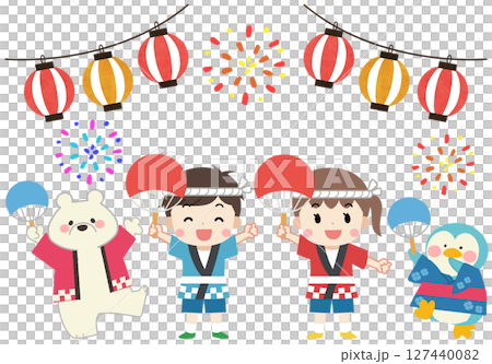 穿著法被和浴衣享受夏日祭典的孩子們以及北極熊和企鵝的插圖 127440082