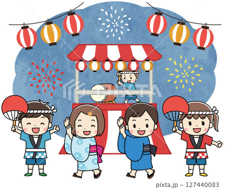 夏祭りを楽しむ浴衣と法被を着た子供たちのイラスト 127440083