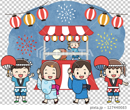 夏祭りを楽しむ浴衣と法被を着た子供たちのイラスト 127440083