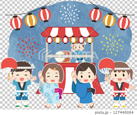 夏祭りを楽しむ浴衣と法被を着た子供たちのイラスト 127440084