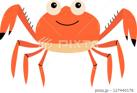 Cartoon crab smiling with many legs, two large pincers, and big round eyes. 127440176