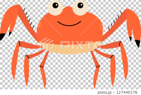 Cartoon crab smiling with many legs, two large pincers, and big round eyes. 127440176