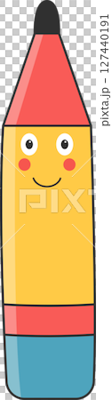 Friendly cartoon pencil character with a smiling face and colorful design. Friendly cartoon pencil character with a smiling face and colorful design. 127440191