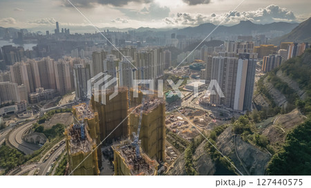 June 8 2025 View of Urban High-Rise Construction Site with Tower Cranes June 8 2025 View of Urban High-Rise Construction Site with Tower Cranes 127440575