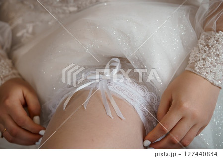 Intimate Wedding Detail: Bride Adjusting Delicate Lace Garter, Sparkling Dress, Soft Lighting, Romantic Close-up, Pearl Accessories. 127440834