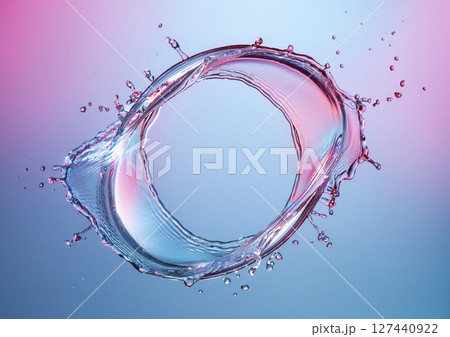 水飛沫でできた輪 青色にピンク色の光 水飛沫でできた輪 青色にピンク色の光 127440922