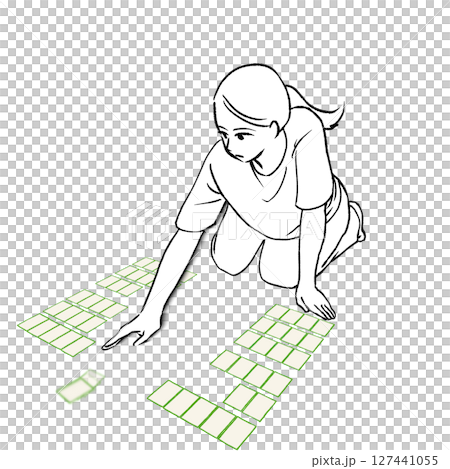 競技かるたで札を払う女性のイラスト素材 127441055