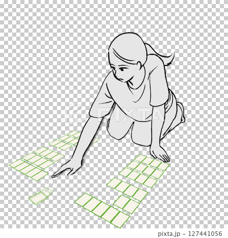 競技かるたで札を払う女性のイラスト素材 127441056