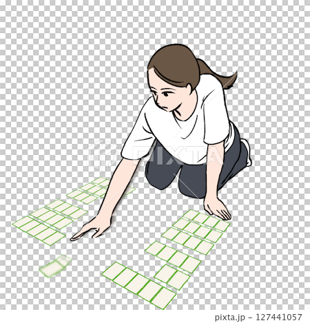 競技かるたで札を払う女性のイラスト素材 127441057