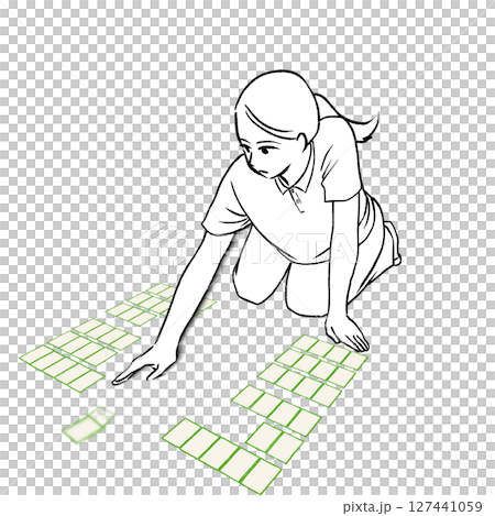 競技かるたで札を払う女性のイラスト素材 127441059