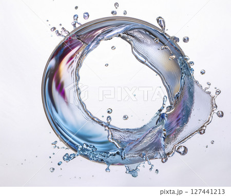 水飛沫でできた輪 白背景に虹色の光 水飛沫でできた輪 白背景に虹色の光 127441213