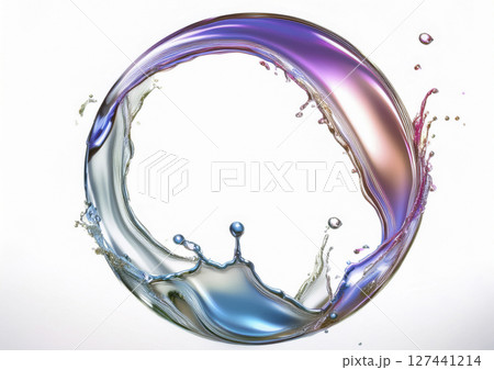 水飛沫でできた輪 白背景に虹色の光 水飛沫でできた輪 白背景に虹色の光 127441214
